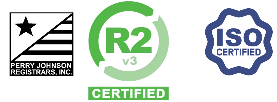 Perry Johnson Registrars, R2v3 Certified and ISO Certified badges